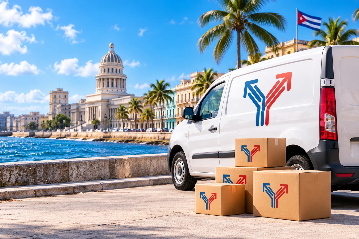 Van de Yoyo Envíos y paquetes frente al paisaje de La Habana